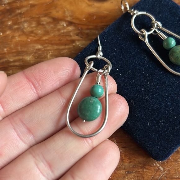 Turquoise and silver sterling dangly artisan earrings - Picture 5 of 5